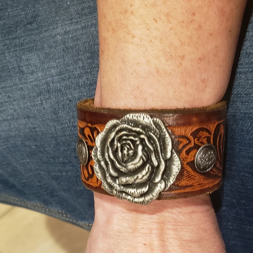 Brown Leather Bracelet Silver Conchos Rose Accent Southwestern Boho Artsy